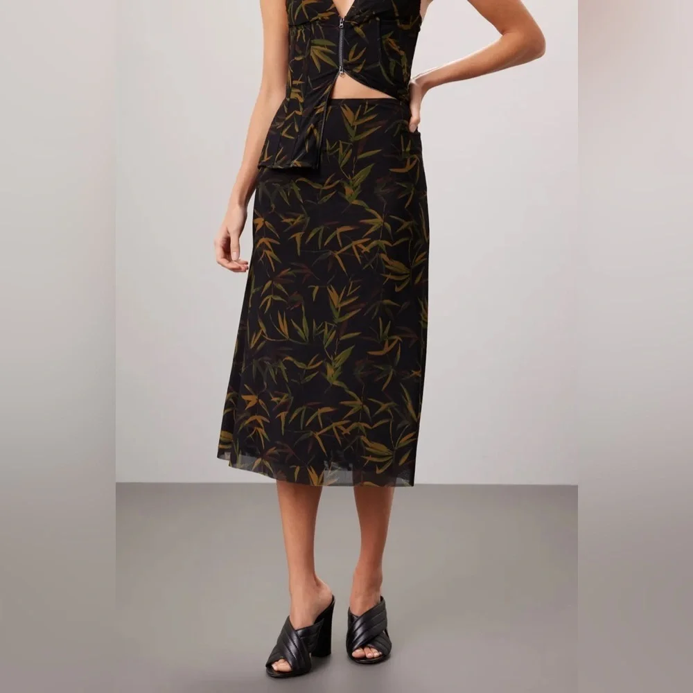 WEWOREWHAT Mesh Black Midi Skirt with falling leaves pattern small